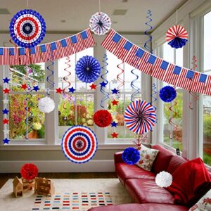 26Pcs Patriotic Party Decorations 4th of July Decor Set - USA Flag String Red White Blue Paper Fans Star Streamer Pom Poms Hanging Swirls for Labor Day,Veterans Day,Presidents Day,Flag Day