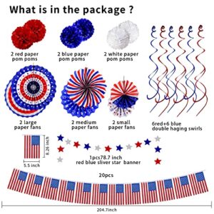 26Pcs Patriotic Party Decorations 4th of July Decor Set - USA Flag String Red White Blue Paper Fans Star Streamer Pom Poms Hanging Swirls for Labor Day,Veterans Day,Presidents Day,Flag Day