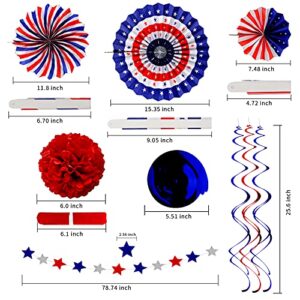 26Pcs Patriotic Party Decorations 4th of July Decor Set - USA Flag String Red White Blue Paper Fans Star Streamer Pom Poms Hanging Swirls for Labor Day,Veterans Day,Presidents Day,Flag Day