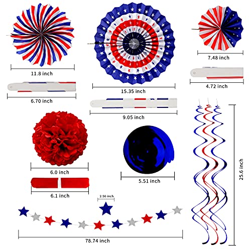 26Pcs Patriotic Party Decorations 4th of July Decor Set - USA Flag String Red White Blue Paper Fans Star Streamer Pom Poms Hanging Swirls for Labor Day,Veterans Day,Presidents Day,Flag Day