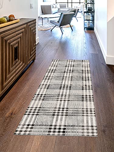 Studio M Floor Flair Farmhouse Plaid Country Neutral - 2 x 6 Ft Decorative Vinyl Rug - Non-Slip, Waterproof Floor Mat - Easy to Clean, Ultra Low Profile - Printed in The USA