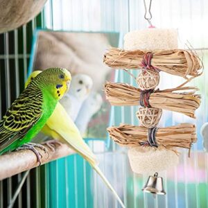 Parrot Chew Toy, Funny Natural Straw Bird Chewing Toy Parrot Cage Hanging Climbing Toy with Bell Straw Bird Chewing Toy