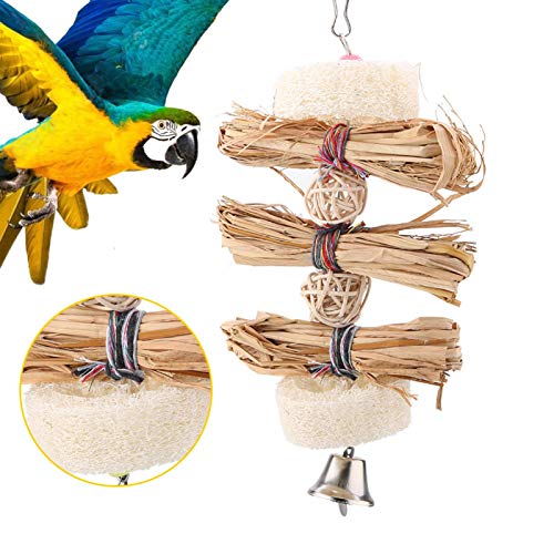 Parrot Chew Toy, Funny Natural Straw Bird Chewing Toy Parrot Cage Hanging Climbing Toy with Bell Straw Bird Chewing Toy