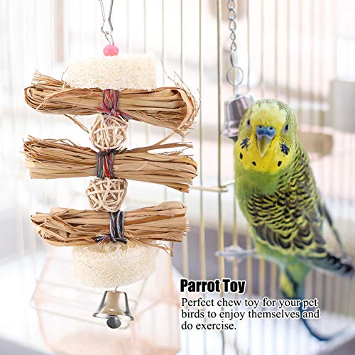 Parrot Chew Toy, Funny Natural Straw Bird Chewing Toy Parrot Cage Hanging Climbing Toy with Bell Straw Bird Chewing Toy