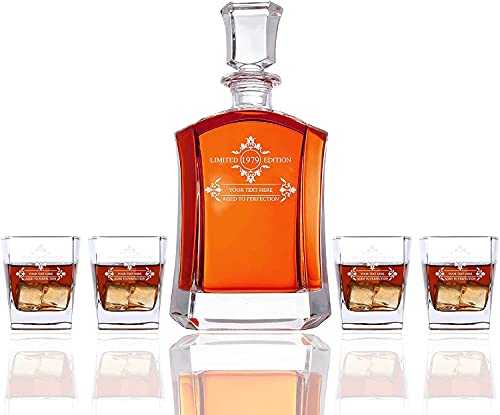 Personalized Shaped 5 piece Whiskey Decanter Set - Decanter and 4 Glasses Gift Set - Custom Engraved (Limited Edition)