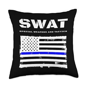 swat team special police force unit member gifts swat special weapons and tactics thin blue line usa flag throw pillow, 18x18, multicolor