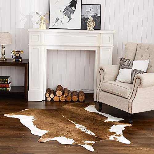 HOMORE Cowhide Rug, Cute Cow Print Rug for Living Room Faux Cow Hide Animal Print Carpet for Bedroom Office Table, 4.6 x 5.2 Feet, Khaki Brown