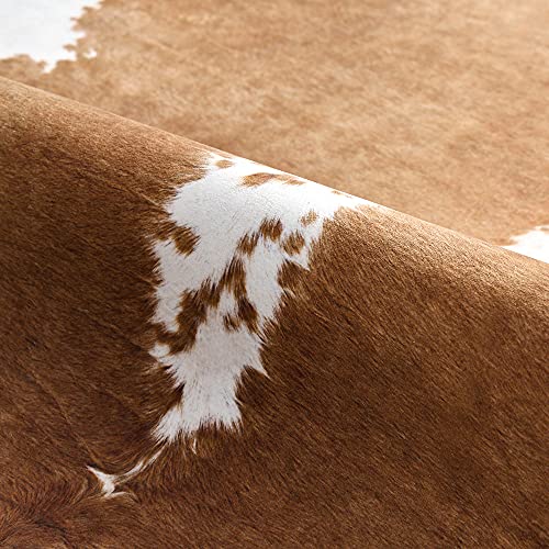 HOMORE Cowhide Rug, Cute Cow Print Rug for Living Room Faux Cow Hide Animal Print Carpet for Bedroom Office Table, 4.6 x 5.2 Feet, Khaki Brown