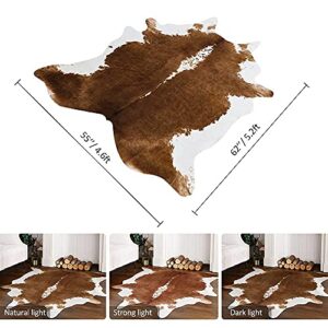 HOMORE Cowhide Rug, Cute Cow Print Rug for Living Room Faux Cow Hide Animal Print Carpet for Bedroom Office Table, 4.6 x 5.2 Feet, Khaki Brown