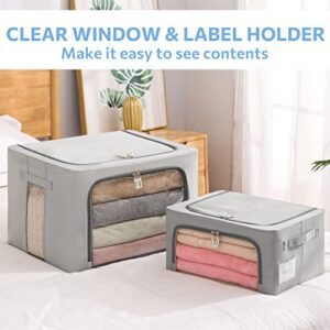 3Pack Frame Storage Box - Clothes Storage Bin Bags Oxford Fabric Foldable Stackable Container Organizer Set with Clear Window & Carry Handles Large Capacity (Grey, Large-66L)