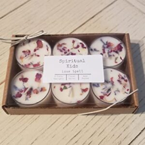 Love Spell Natural Soy Wax Tealights 6ct Hand Poured with Fragrant/Essential Oils & Dried Flowers