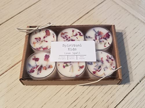 Love Spell Natural Soy Wax Tealights 6ct Hand Poured with Fragrant/Essential Oils & Dried Flowers