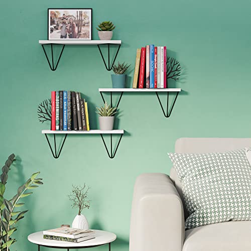 Wallniture Colmar White Floating Shelves for Wall, Makeup Storage Shelves for Bedroom, Wood Geometric Triangle Shelf Set of 3