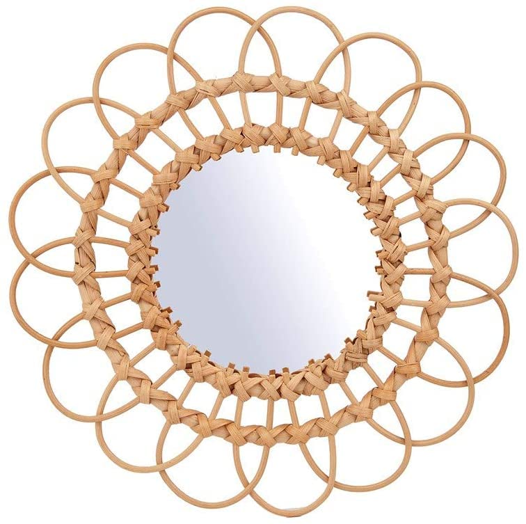 OYPEIP 11" Small Natural Rattan Sunburst Bohemian Hanging Glass Decor,Rustic Handwoven Innovative Art Decoration Round Makeup Mirror for Dressing Living Room Bedroom Bathroom Corridor,Entryway