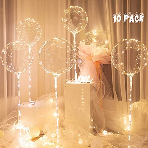 Led Lights Up BoBo Balloons 20 Inches, 10 Pack Whit Stick 70 cm, Led WHITE Color, Decoration, Party Halloween Christmas, Birthday, Wedding, Bubble Balloons. Globos transparentes