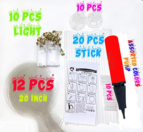 Led Lights Up BoBo Balloons 20 Inches, 10 Pack Whit Stick 70 cm, Led WHITE Color, Decoration, Party Halloween Christmas, Birthday, Wedding, Bubble Balloons. Globos transparentes