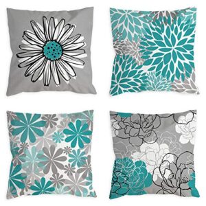 colorpapa teal pillow covers 18x18 set of 4 turquoise and grey decorative throw pillow cover for couch modern daisy pillows case for living room cushion bed outdoor home decor