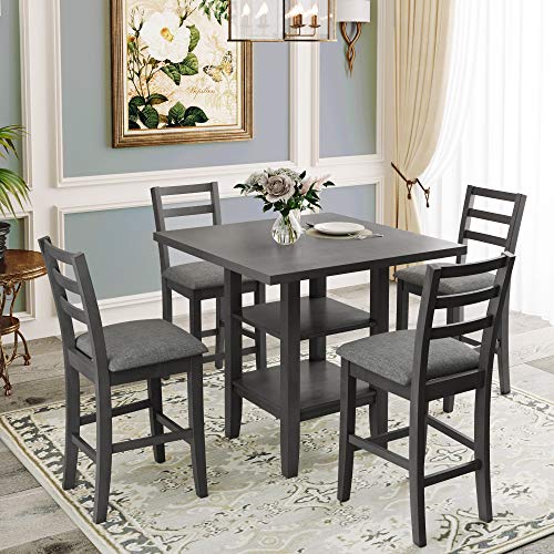 Life In Color 5 Piece Dining Table Set Wood Counter Height Dining Set Square Kitchen Table with 2-Tier Storage Shelving and 4 Padded Chairs (Gray)