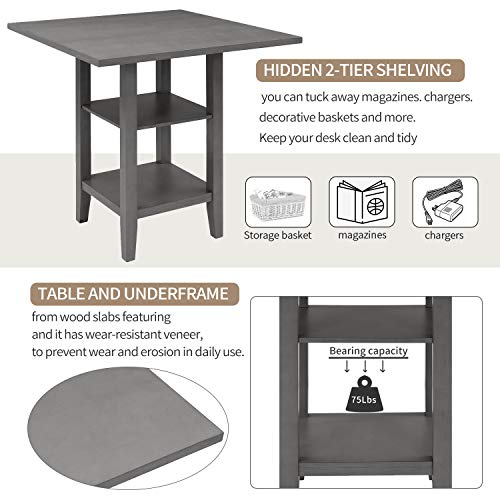 Life In Color 5 Piece Dining Table Set Wood Counter Height Dining Set Square Kitchen Table with 2-Tier Storage Shelving and 4 Padded Chairs (Gray)