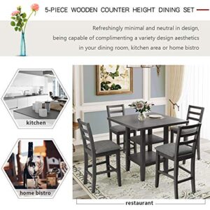 Life In Color 5 Piece Dining Table Set Wood Counter Height Dining Set Square Kitchen Table with 2-Tier Storage Shelving and 4 Padded Chairs (Gray)