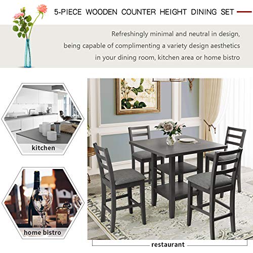 Life In Color 5 Piece Dining Table Set Wood Counter Height Dining Set Square Kitchen Table with 2-Tier Storage Shelving and 4 Padded Chairs (Gray)