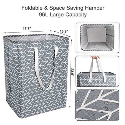 Gwane 96L Collapsible Laundry Basket with 4 Detachable Brackets, Thick Waterproof Lining, Large Square Laundry Hamper for Bathroom, Bedroom, Clothing, Toy Storage(Gray Fishbone)