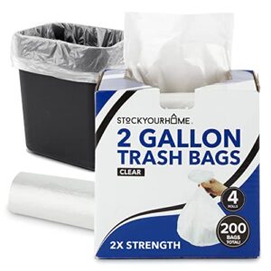 stock your home clear 2 gallon trash bag (200 pack) un-scented small garbage bags for bathroom can, mini waste basket liner, plastic liners for office trashcan and dog poop, bulk household supplies
