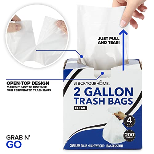 Stock Your Home Clear 2 Gallon Trash Bag (200 Pack) Un-Scented Small Garbage Bags for Bathroom Can, Mini Waste Basket Liner, Plastic Liners for Office Trashcan and Dog Poop, Bulk Household Supplies