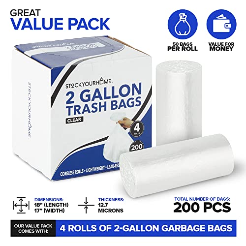 Stock Your Home Clear 2 Gallon Trash Bag (200 Pack) Un-Scented Small Garbage Bags for Bathroom Can, Mini Waste Basket Liner, Plastic Liners for Office Trashcan and Dog Poop, Bulk Household Supplies