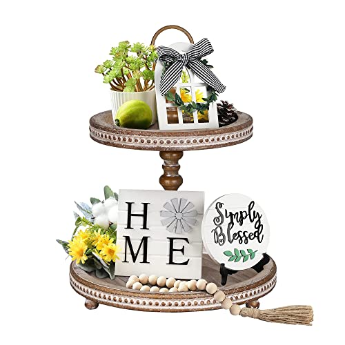 LIBWYS 6 Pcs Farmhouse Decors for Tiered Tray Farmhouse Home Decor Tiered Tray Decor Items Mini Signs Simply Blessed Home Windmill Wooden Beads Garland Rustic Kitchen Decor