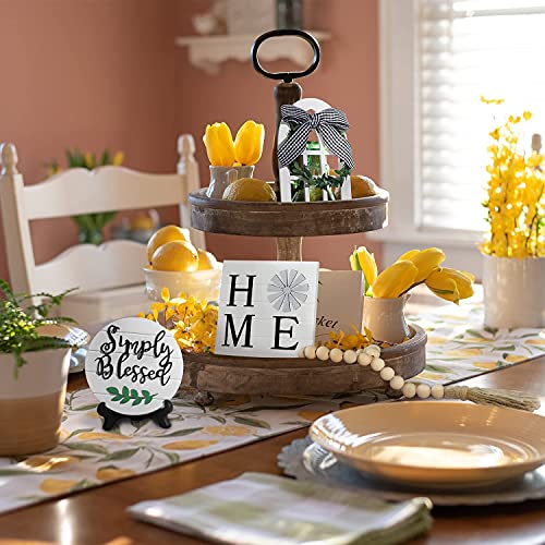 LIBWYS 6 Pcs Farmhouse Decors for Tiered Tray Farmhouse Home Decor Tiered Tray Decor Items Mini Signs Simply Blessed Home Windmill Wooden Beads Garland Rustic Kitchen Decor