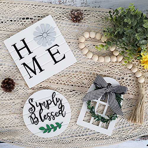 LIBWYS 6 Pcs Farmhouse Decors for Tiered Tray Farmhouse Home Decor Tiered Tray Decor Items Mini Signs Simply Blessed Home Windmill Wooden Beads Garland Rustic Kitchen Decor