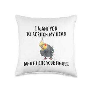cute cockatiel parrot design funny scritch and bite cockatiel parrot lovers owners throw pillow, 16x16, multicolor