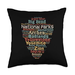 all national parks vintage-look word art design national parks list word cloud camping hiking men women kids throw pillow, 18x18, multicolor
