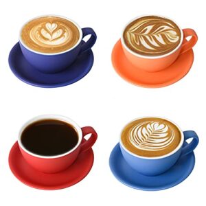 yundu porcelain latte cup and saucer - 10 oz for cappuccino,tea,cafe mocha, set of 4,matte mixed color