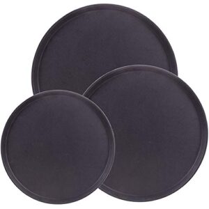 round serving tray bundle with no-slip rubber safety lining, 3-pack (black) - commercial restaurant, cafeteria, bar, diner food, coffee, drink, & waiter carrying platter – includes 11", 14" & 18"