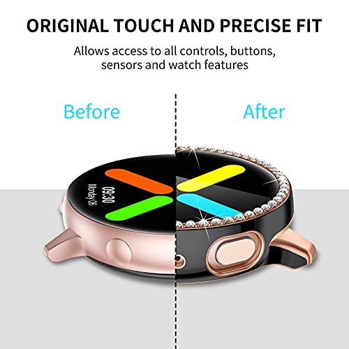 GEAK Compatible with Samsung Galaxy Watch Active 2 Case 40mm, Overall Guard Diamonds HD Screen Protector with Rose Gold Edges Design for Samsung Active 2 Watch Women Girls 40mm Black/Rosegold