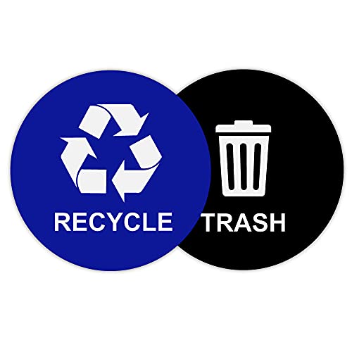 Recycle Sticker Trash Bin Label (5 inch) Round Decal Organize Garbage Waste from Recycling- Laminated Waterproof Self-Adhesive Vinyl Green for Recycling, Black for Trash Indoor-Outdoor (Blue, 4-Pack)