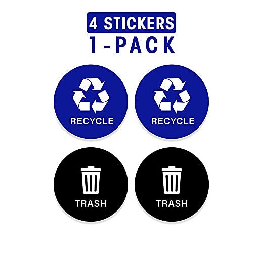 Recycle Sticker Trash Bin Label (5 inch) Round Decal Organize Garbage Waste from Recycling- Laminated Waterproof Self-Adhesive Vinyl Green for Recycling, Black for Trash Indoor-Outdoor (Blue, 4-Pack)