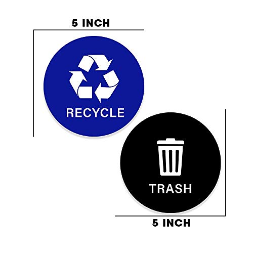 Recycle Sticker Trash Bin Label (5 inch) Round Decal Organize Garbage Waste from Recycling- Laminated Waterproof Self-Adhesive Vinyl Green for Recycling, Black for Trash Indoor-Outdoor (Blue, 4-Pack)