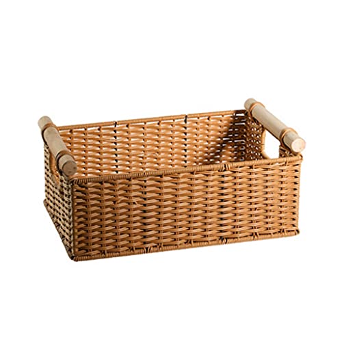 UXZDX Imitated Rattan Storage Basket, Simple Wooden Handle Living Room Finishing Basket, Snack Basket Sundries Storage Basket