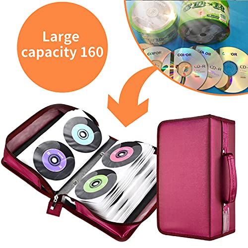 UENTIP CD Case, 160 Capacity Nylon CD/DVD Case CD Booklet Binder VCD Wallets Storage Organizer CD Wallets Storage Organizer for Car Home Travel (Red)