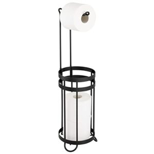 mdesign metal free standing toilet paper holder stand and dispenser, with storage for 3 spare rolls - for bathrooms/powder rooms - holds mega rolls - matte black