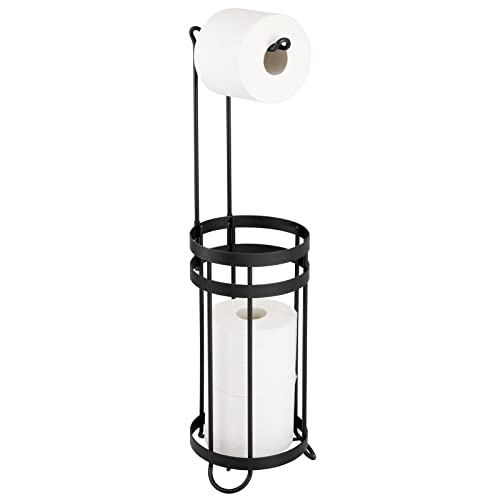 mDesign Metal Free Standing Toilet Paper Holder Stand and Dispenser, with Storage for 3 Spare Rolls - for Bathrooms/Powder Rooms - Holds Mega Rolls - Matte Black