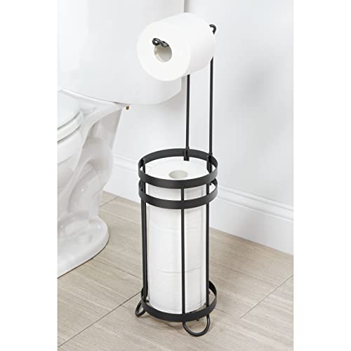 mDesign Metal Free Standing Toilet Paper Holder Stand and Dispenser, with Storage for 3 Spare Rolls - for Bathrooms/Powder Rooms - Holds Mega Rolls - Matte Black