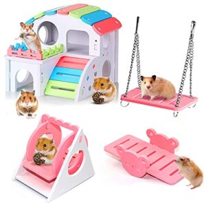 4 pack hamster toys, two layers rainbow hamster house with ladder slide for hamster hideout perch, hanging swing & triangle swing & hamster seesaw for sport exercise, syrian hamster cage accessories