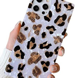 KERZZIL for iPhone 12/12 Pro Case 6.1-inch,Cute Slim Square Golden Sparkle Glitter Leopard Pattern Soft TPU Silicone Protective Durable Cases Cover Compatible with iPhone 12/12Pro(White Black)
