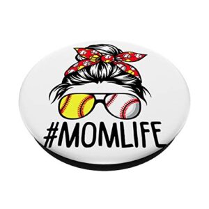 Dy Mom Life Softball Baseball Mothers Day Messy Bun PopSockets Swappable PopGrip