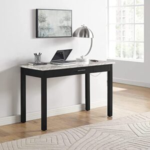 new classic furniture celeste faux marble writing table desk for home office, white/gray with black base