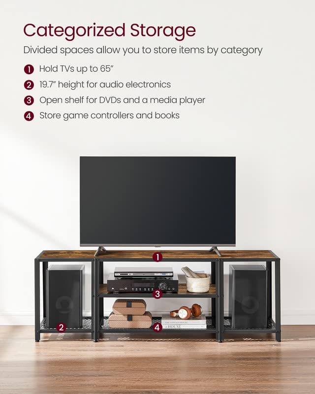 VASAGLE Modern TV Stand for TVs up to 65 Inches, 3-Tier Entertainment Center, Industrial TV Console Table with Open Storage Shelves, for Living Room, Bedroom, Rustic Brown and Black ULTV097B01